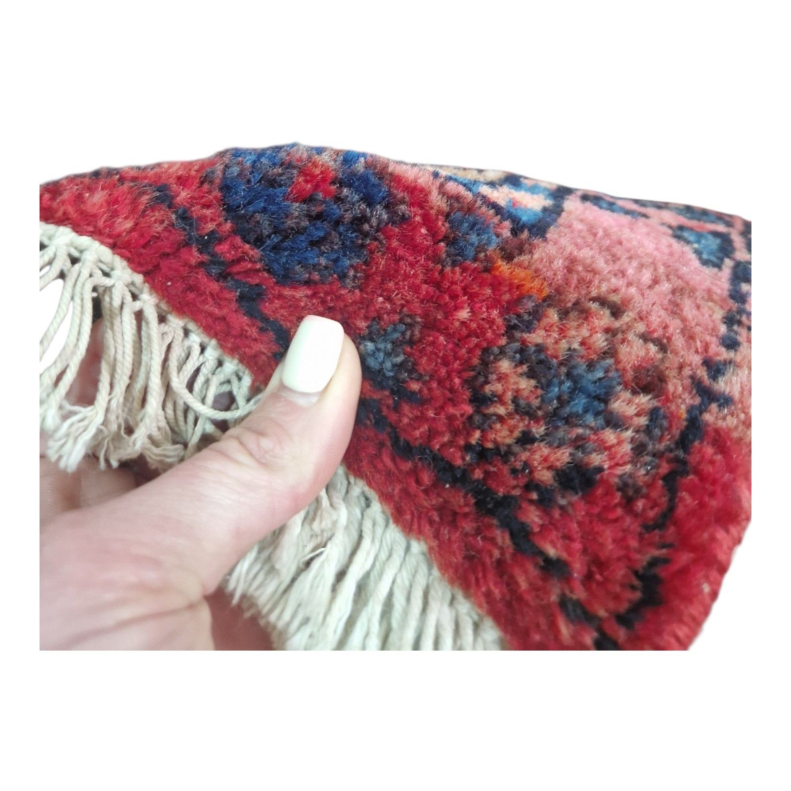 Textiles Antique Traditional Rug Red Pink Blue Geometric Carpet Thick Pile Decorative photo