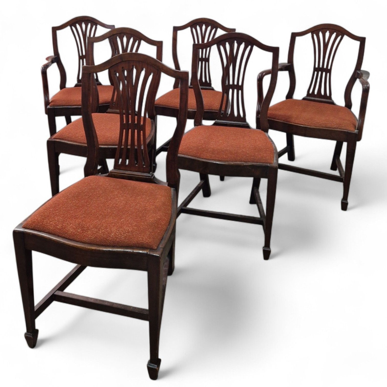 photo vintage Hepplewhite Dining Chairs Set 6 Mahogany Shield Back Carvers Wood Antique Style