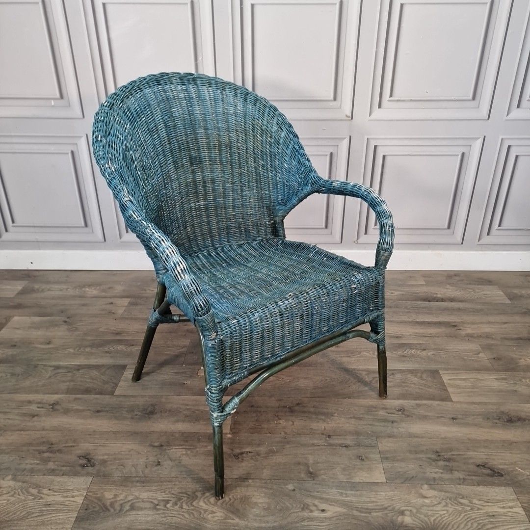 Vintage Wicker Armchair Blue Painted Rattan Cane Tub Chair Seat Retro Mcm photo furniture