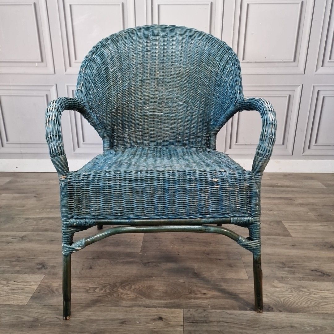 Vintage Wicker Armchair Blue Painted Rattan Cane Tub Chair Seat Retro Mcm photo Furniture