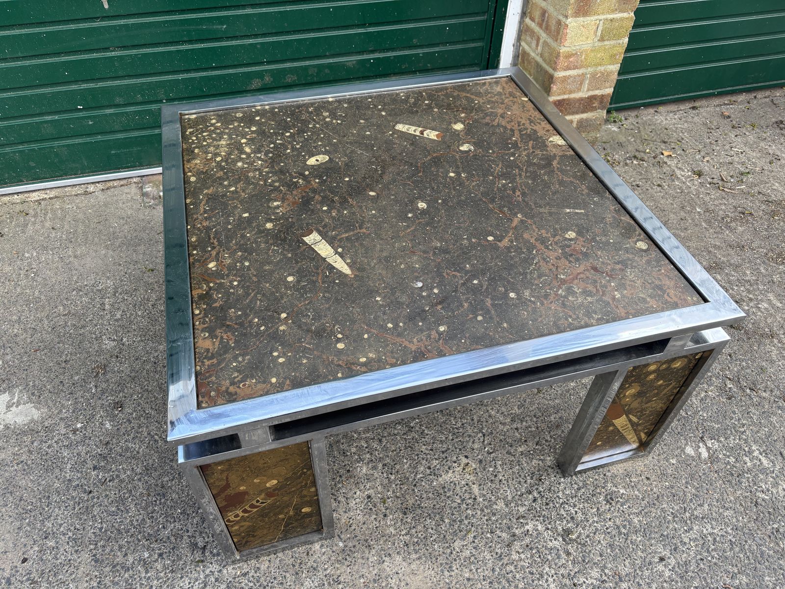 Vintage 1970s Inlaid Fossils + Steel Coffee Table   Style Of Ronald Schmitt photo vintage