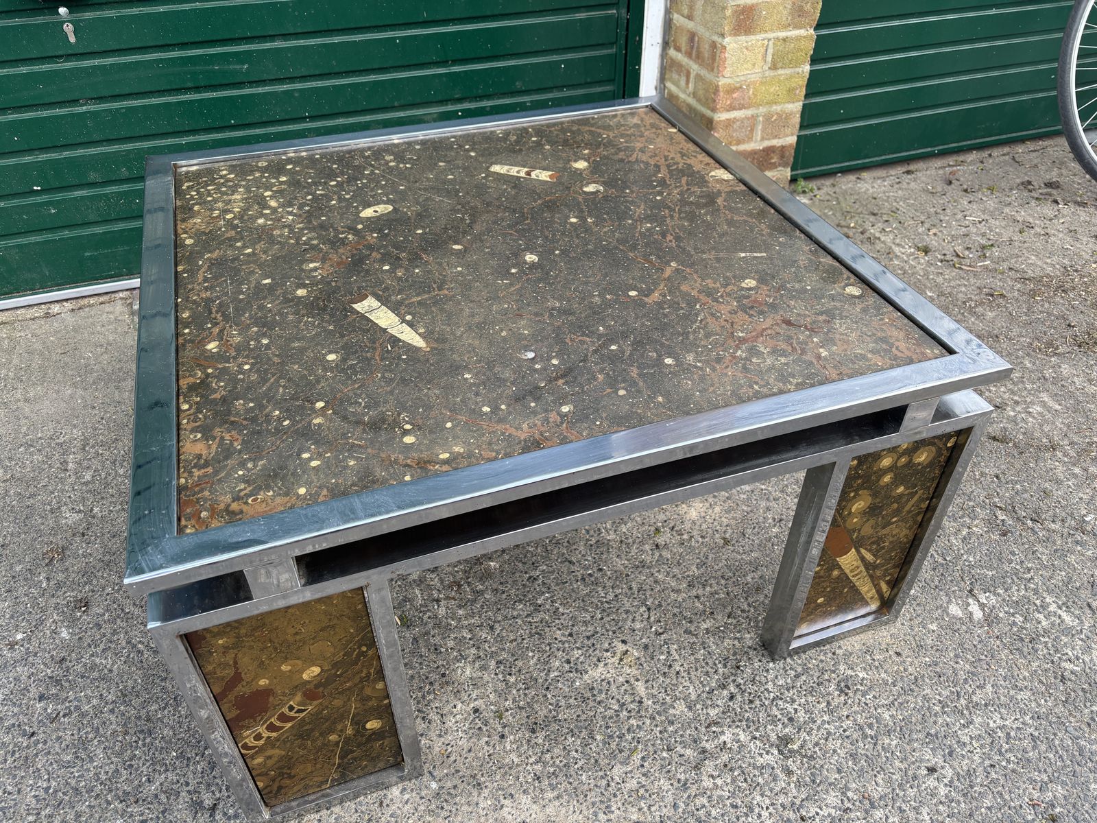 photo furniture Vintage 1970s Inlaid Fossils + Steel Coffee Table   Style Of Ronald Schmitt