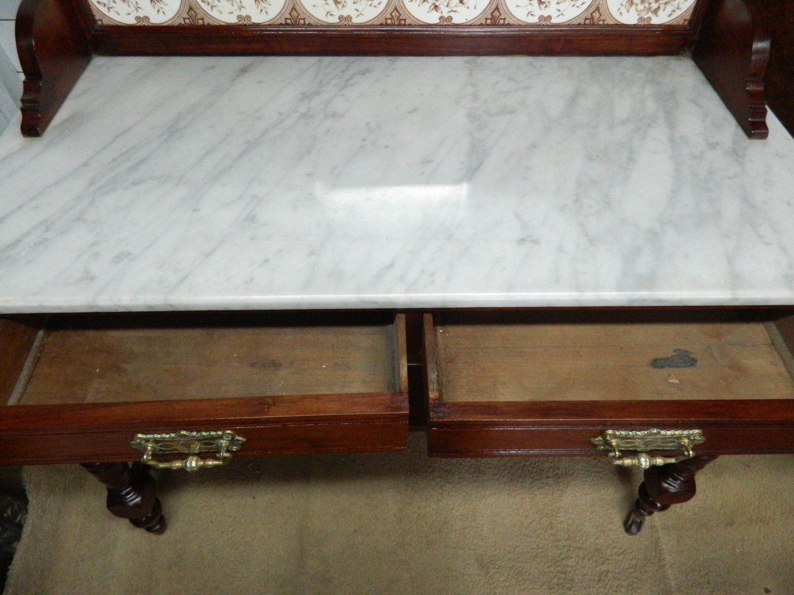 Victorian Marble Wash Stand With Tiled Back Mirror & 2 Drawers Mahogany photo vintage