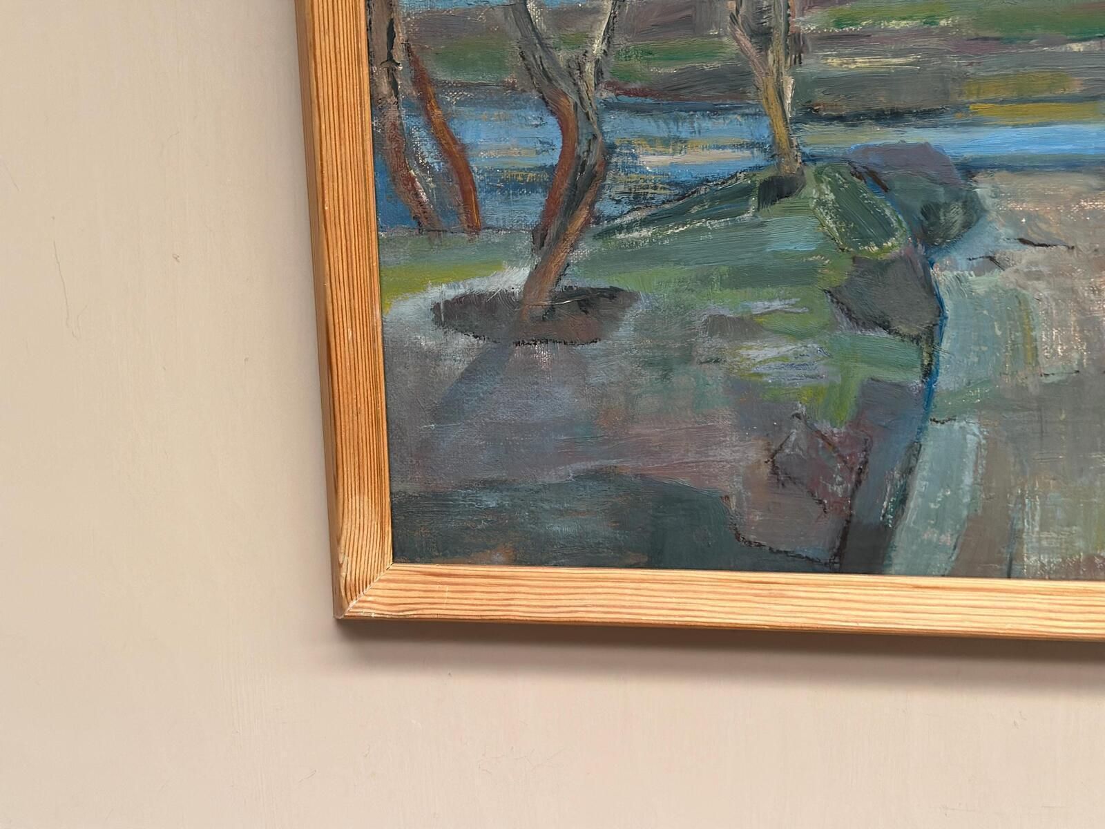 photo vinterior Original Mid Century Scandinavian Oil On Canvas – Path “H.E.” (1960) – Signed – Vintage & Framed – 52 × 43 Cm (20.5" × 16.9")