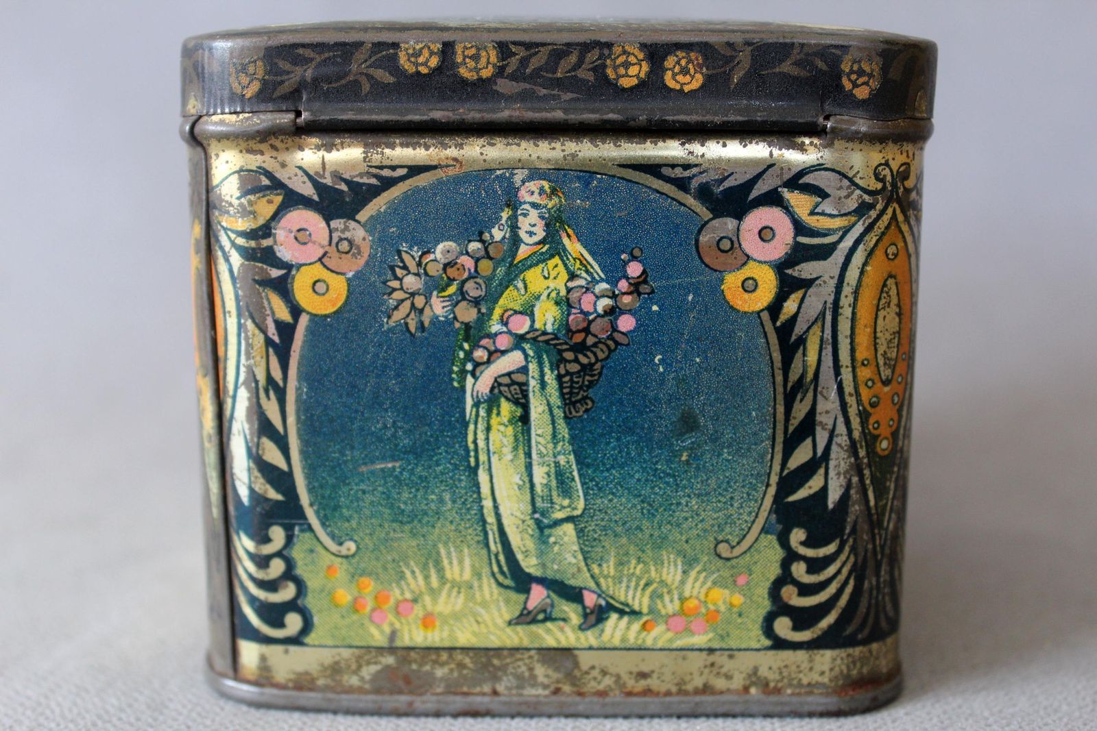 Rare Antique 1900s Apple Syrup Tin Wg, Art Nouveau Japanese Aesthectic Fashion Dresses, Tin Metal Box, Belgium French Dutch, Square photo furniture