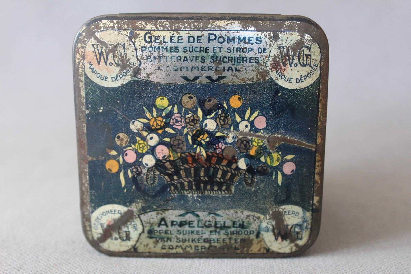 Rare Antique 1900s Apple Syrup Tin Wg, Art Nouveau Japanese Aesthectic Fashion Dresses, Tin Metal Box, Belgium French Dutch, Square photo vinterior