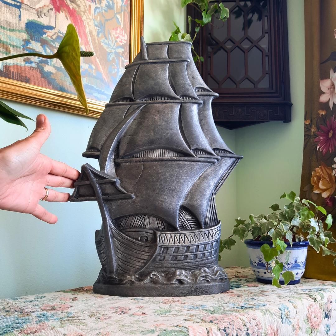 Large Antique White Metal Elizabethan Galleon Ship Statue H 18'' photo Home Decor