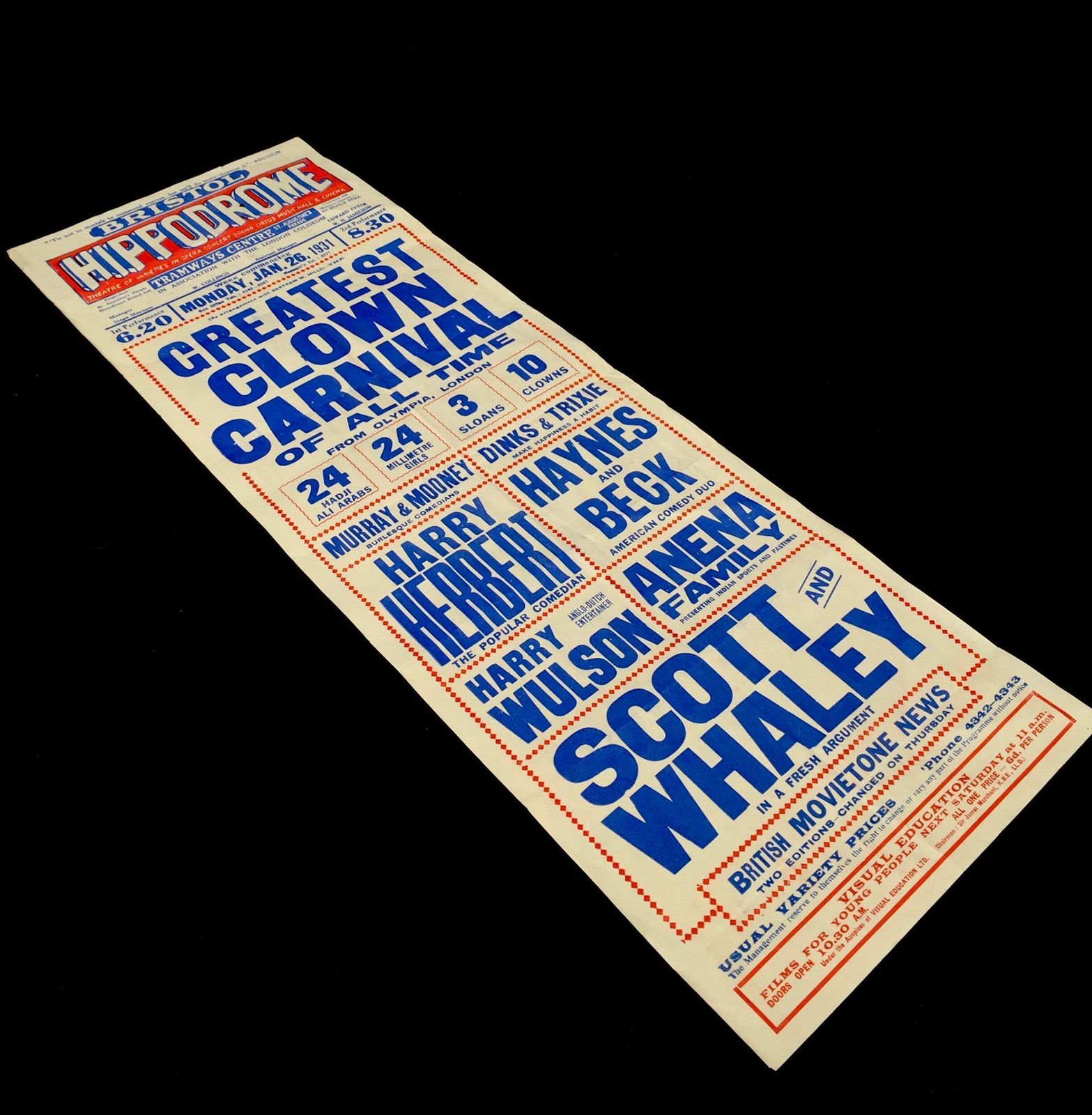 Antique Advertising Theatre Poster For Greatest Clown Carnival In Bristol C.1930 photo buy