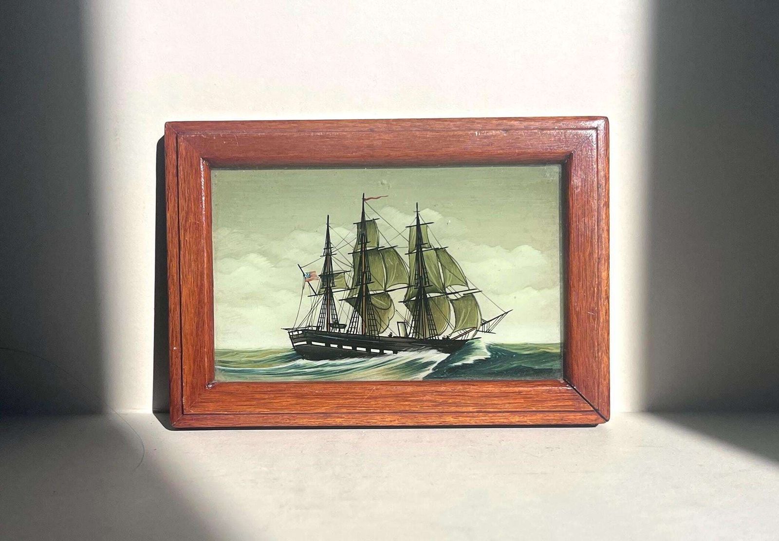 Vintage Reverse Glass Ship Painting Framed Nautical Wall Art Maritime Picture