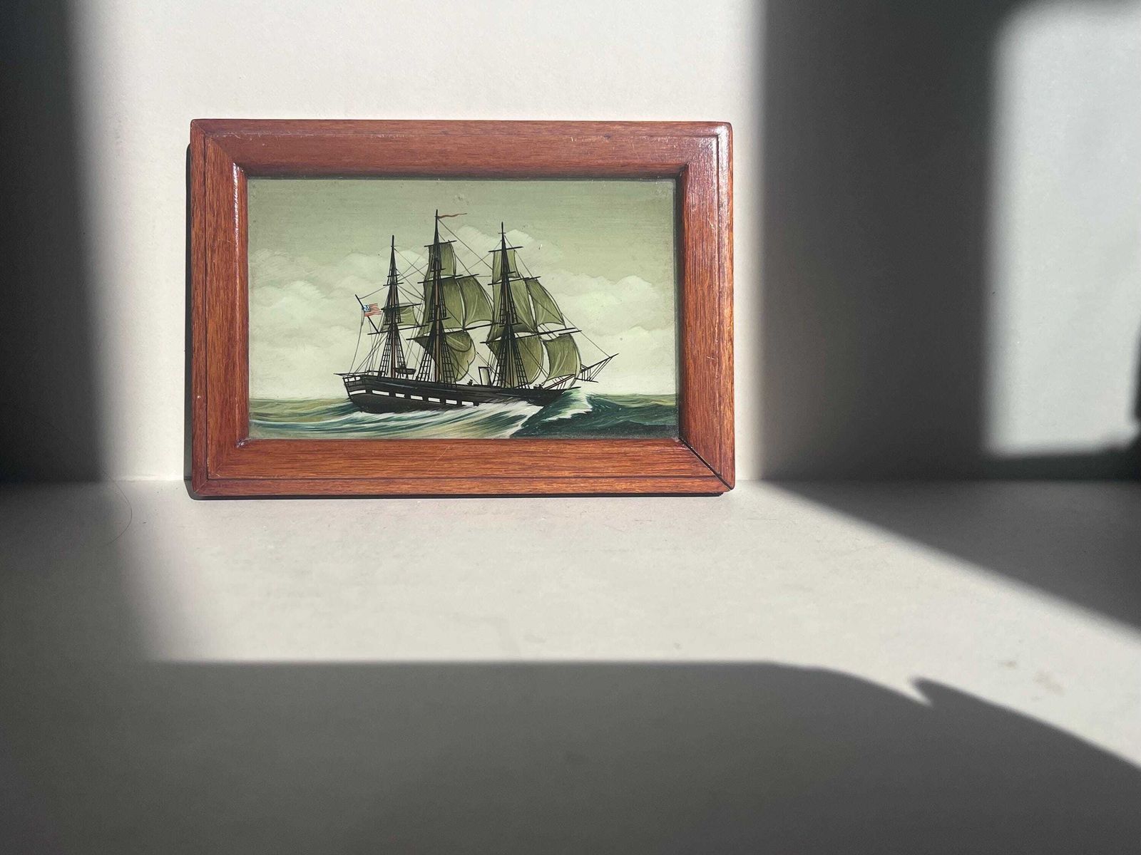 Vintage Reverse Glass Ship Painting Framed Nautical Wall Art Maritime Picture photo for sale