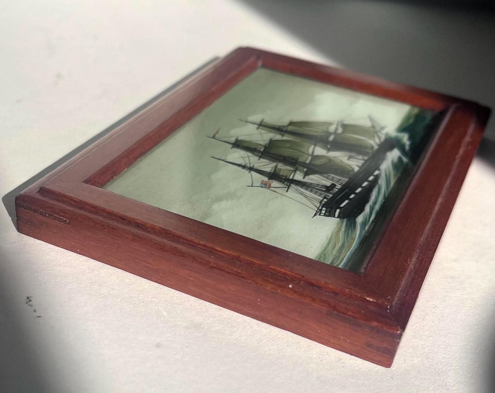Vintage Reverse Glass Ship Painting Framed Nautical Wall Art Maritime Picture photo Art