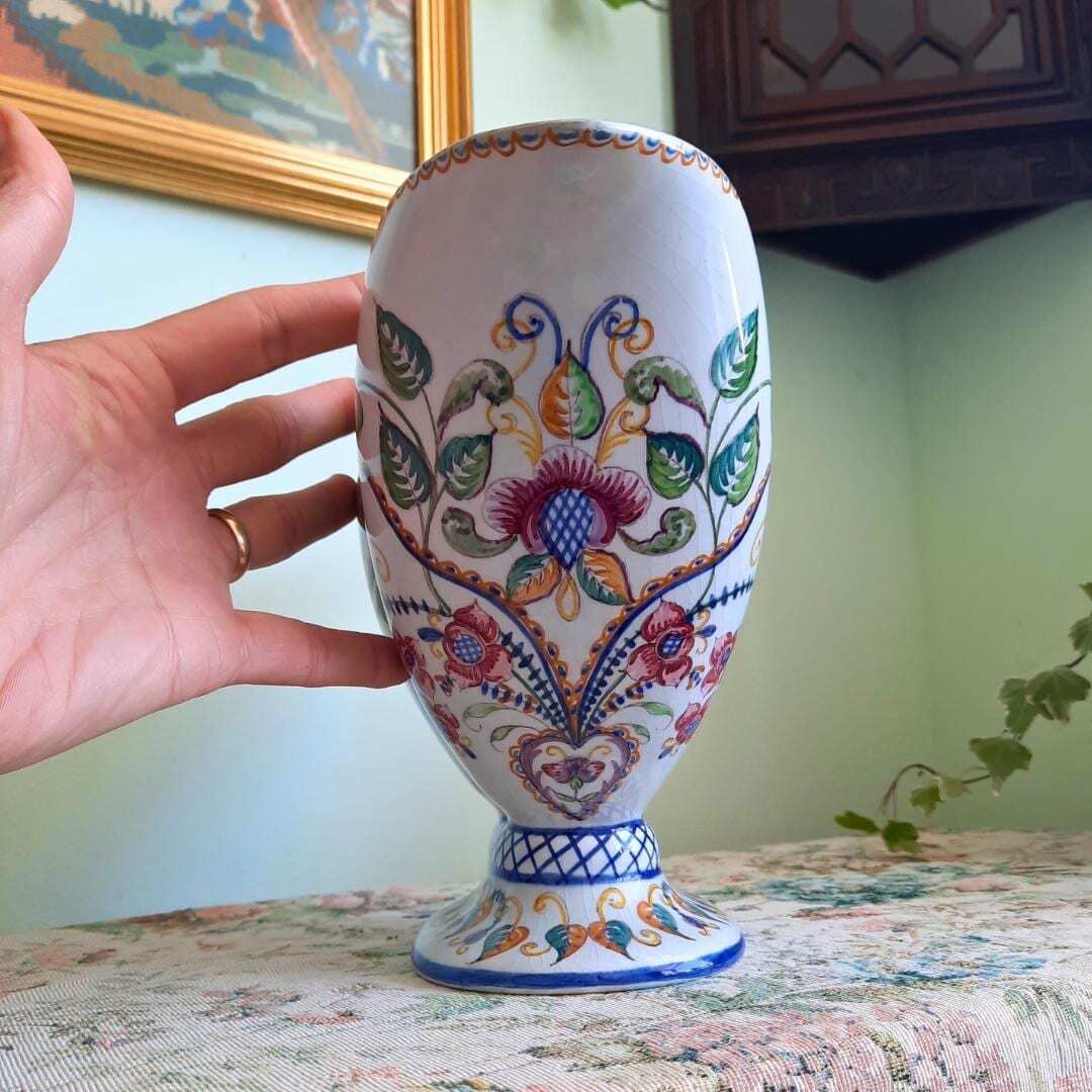 Large C1940's Carvalhinho Portuguese Hand Painted Floral Scalloped Pedestal Centrepiece Bowl photo 81.0