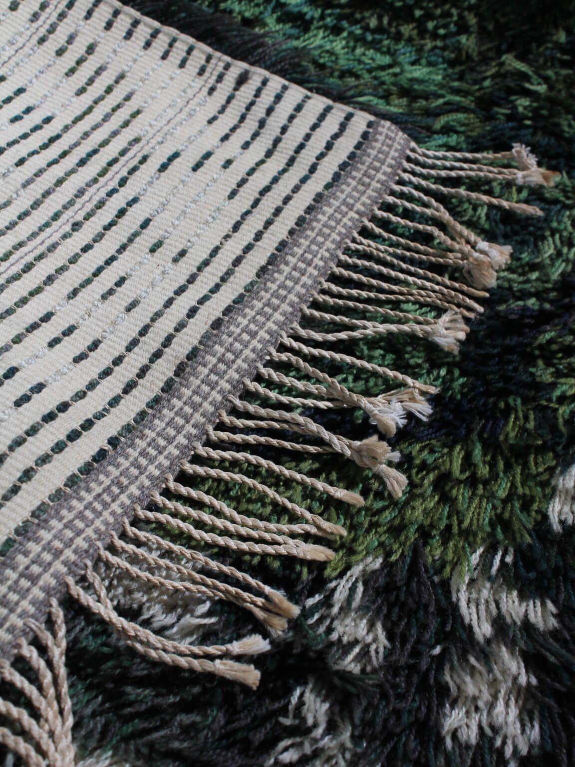 Geometric Swedish Rya Wool Rug In Green Tones 80x150cm photo for sale