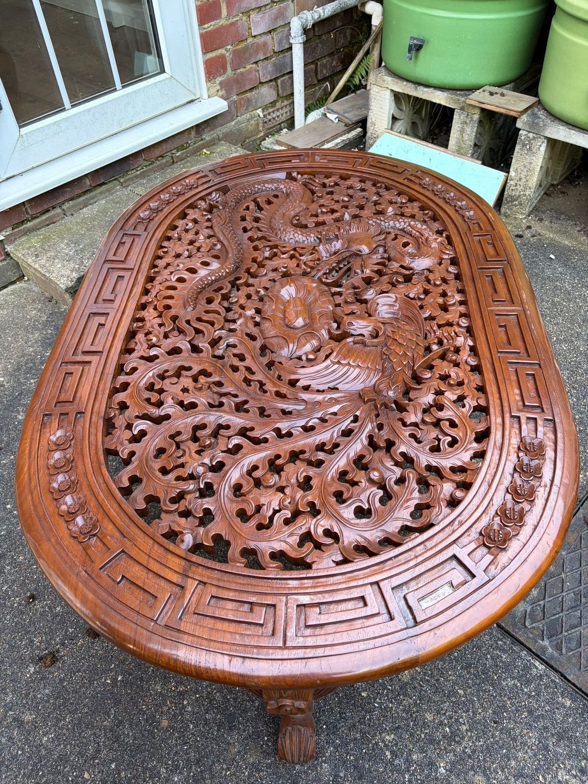 Asian Carved Wood Dragon And Phoenix Oval Coffee Table photo furniture