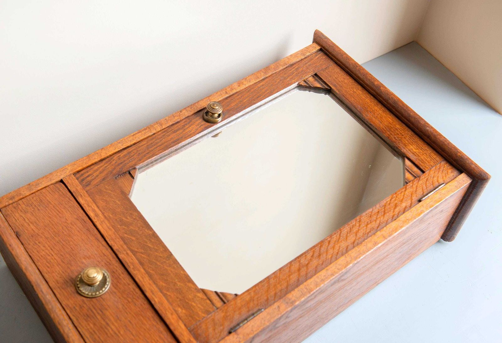 photo for sale Antique Oak Wall Cabinet With Mirror – Art Deco Medicine Cabinet, 1920s Vintage Bathroom Wall Cabinet