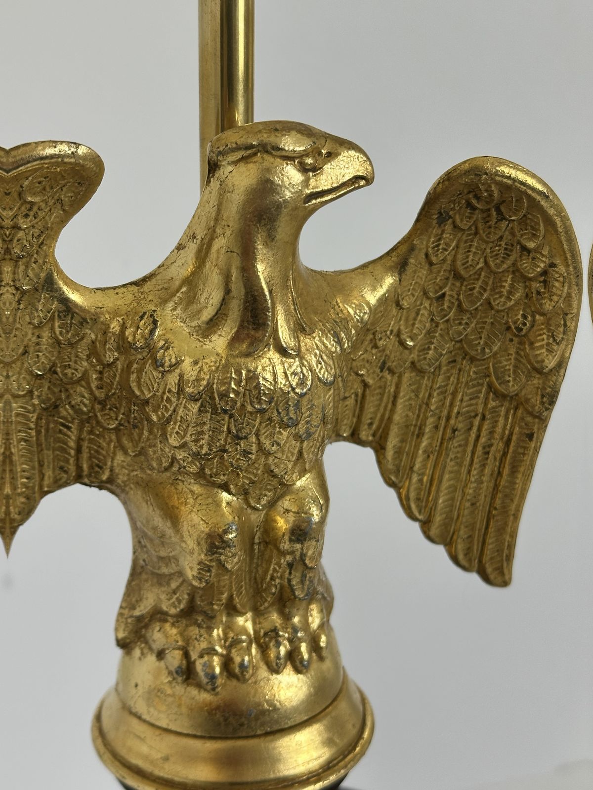 Eagle Table Lamp, Federal Style, Gilt Metal, Wooden Barrel Base, USA 1950s photo furniture