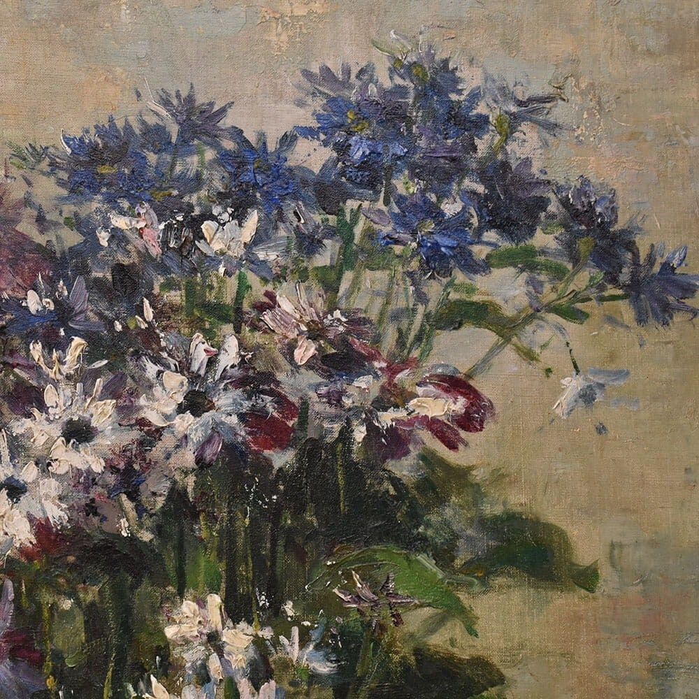 Still Life Flowers Painting, Spring Floral, Cornflowers And Daisies, Oil On Canvas, Antique, XIX. photo vinterior