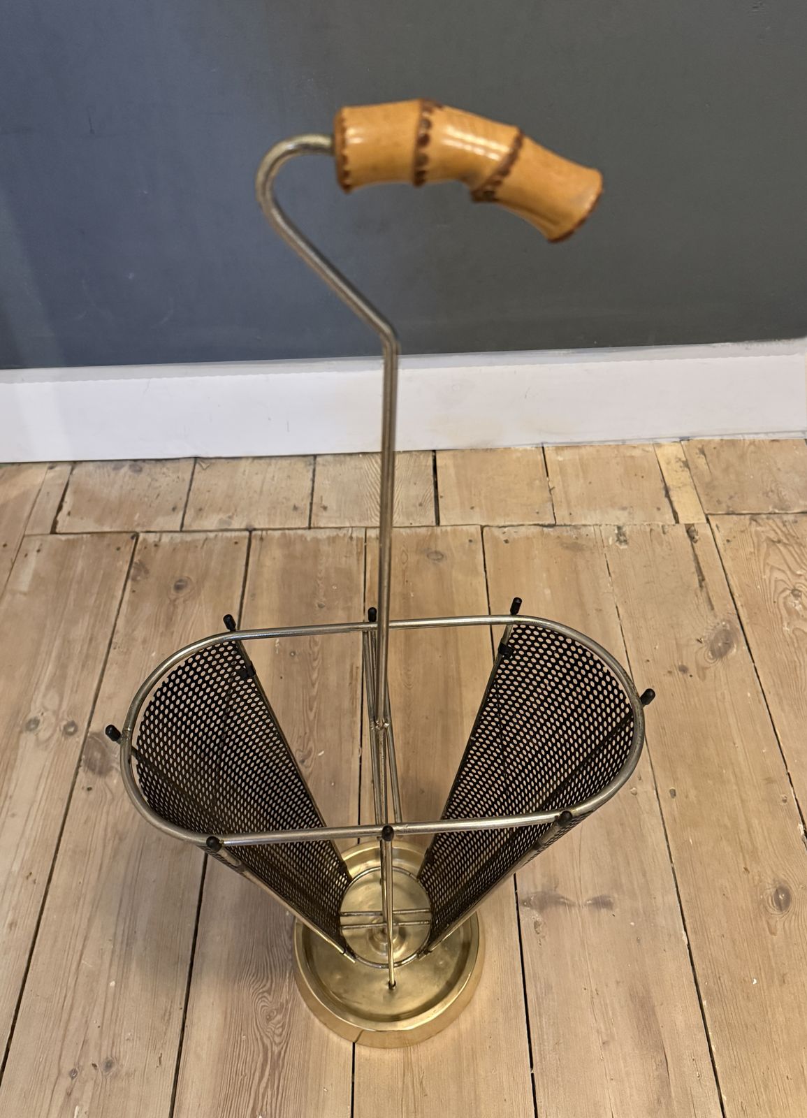 Vintage Mid Century Black Metal And Brass Umbrella Stand photo furniture