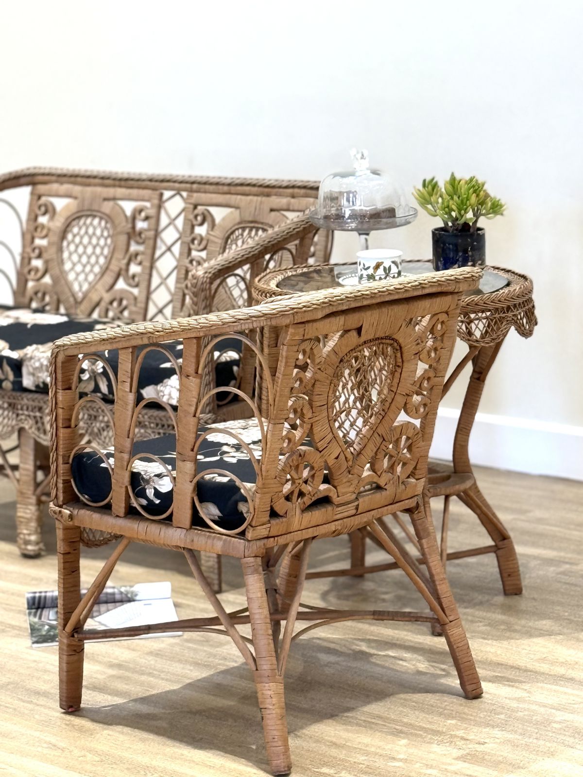 Late 19th–Early 20th Century French Wicker Conservatory Set With Heart Shaped Backs And Glass Top Table photo for sale