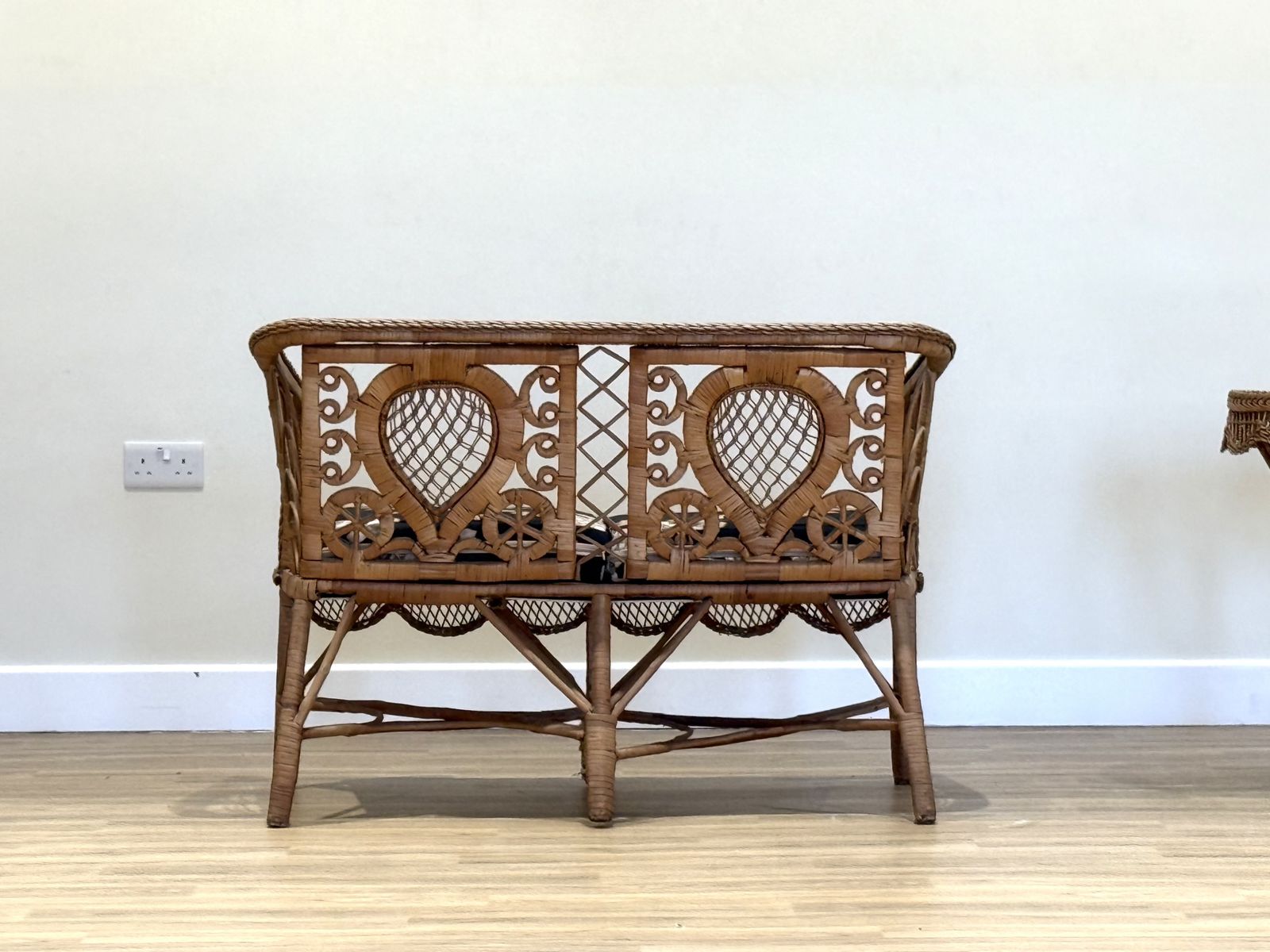 Late 19th–Early 20th Century French Wicker Conservatory Set With Heart Shaped Backs And Glass Top Table photo Garden Furniture
