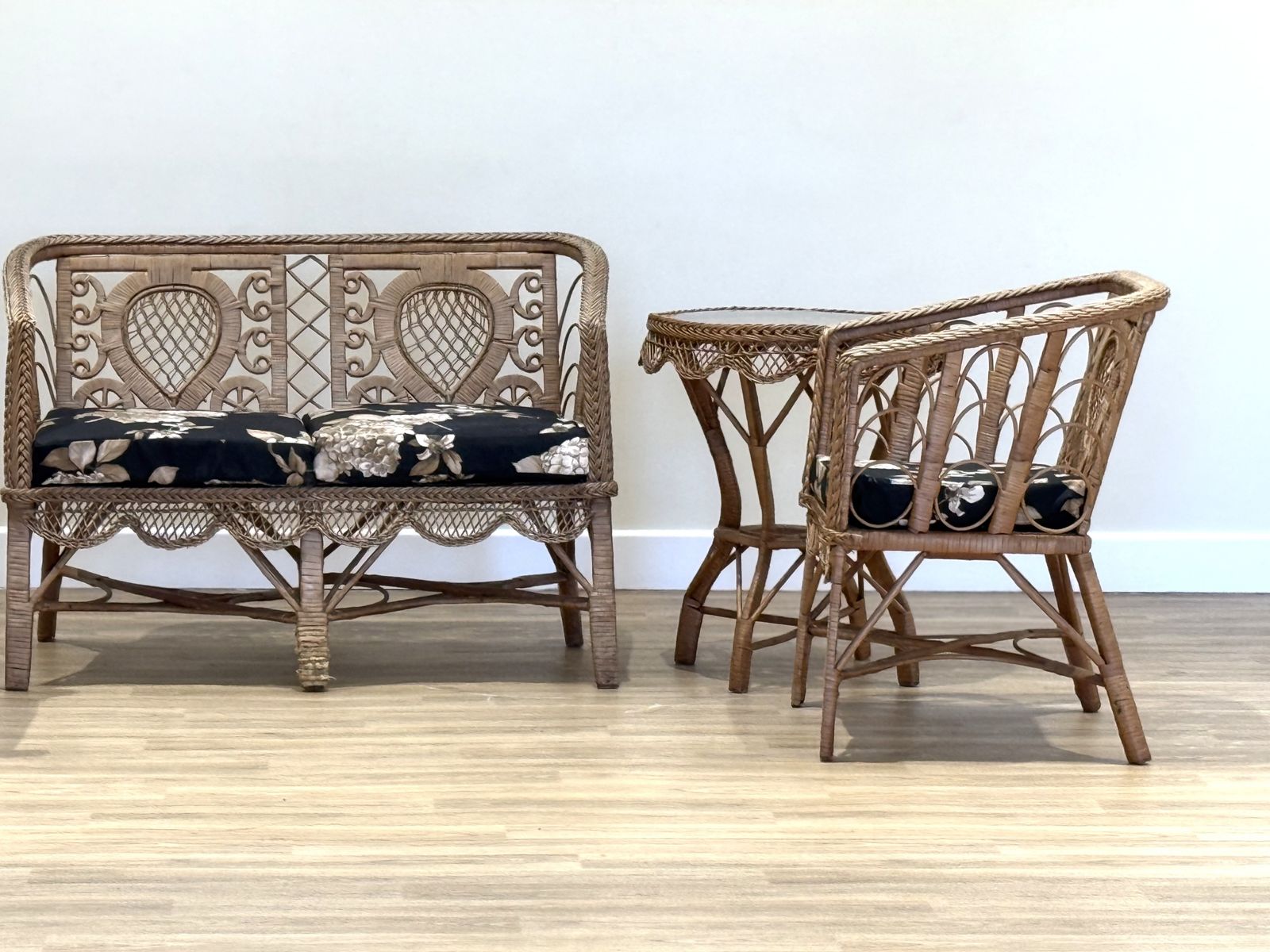 Late 19th–Early 20th Century French Wicker Conservatory Set With Heart Shaped Backs And Glass Top Table photo vinterior