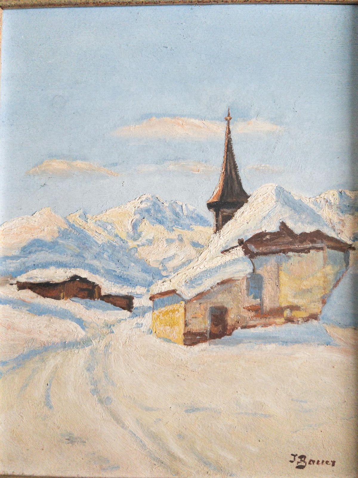 Peinture alpine mid-century représentant une chapelle de montagne enneigée, par J. Bauer photo for sale