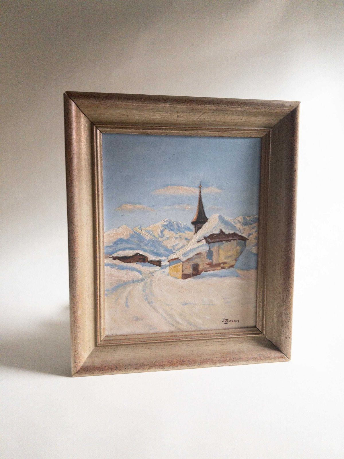 photo vintage Swiss Mountain Chapel Snowy Alpine Painting By J. Bauer, Original Mid Century Artwork