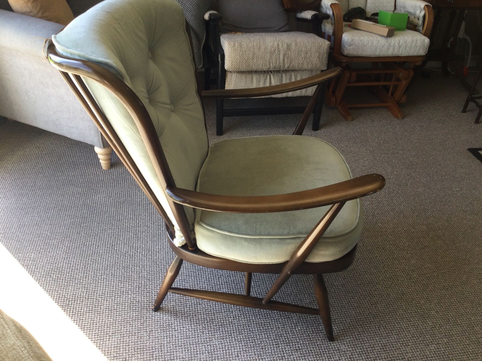 Lovely Mid Century Ercol Arm Chair In A Very En Point Light Moss Green Colour. photo furniture