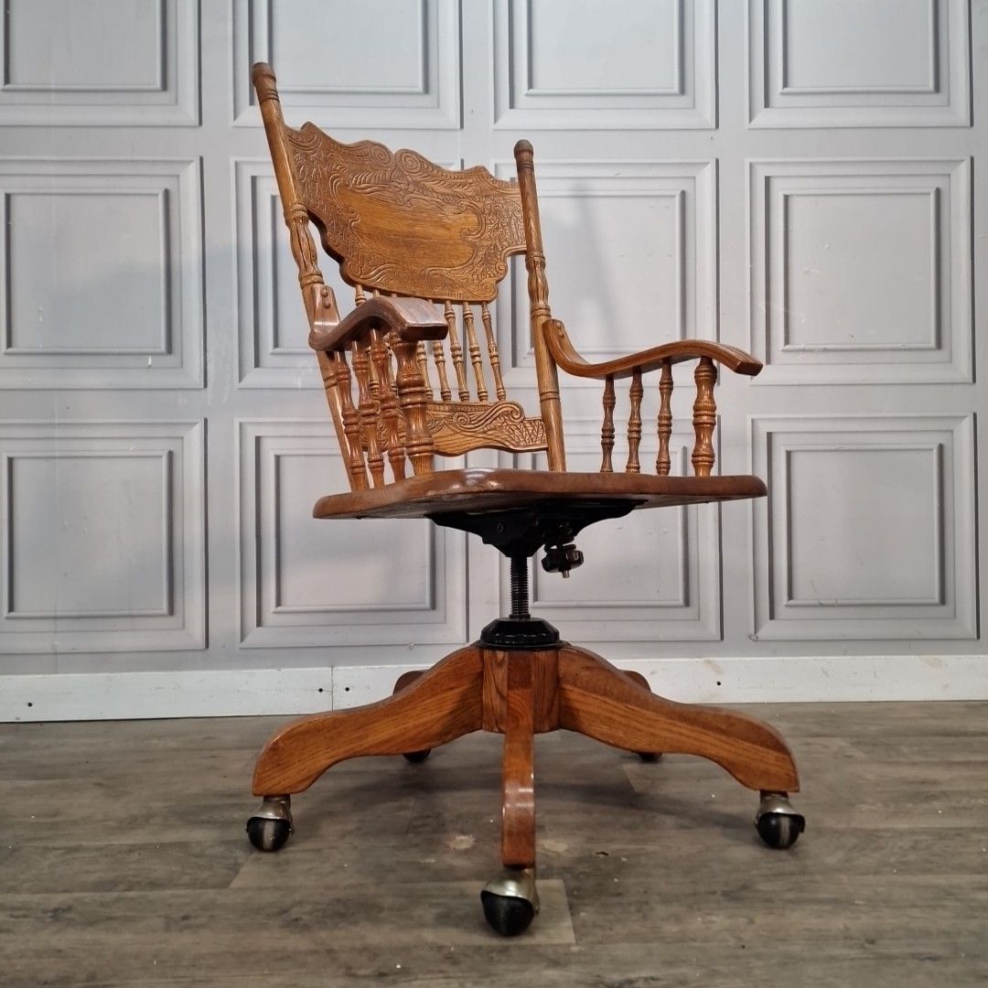 Vintage Oak Swivel Chair Wooden Desk Seat Colonial Style Office Armchair Carved photo furniture