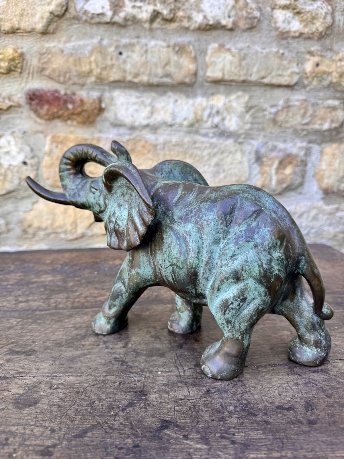 Vintage Bronze Elephant Figurine With Verdigris Patina photo vinterior