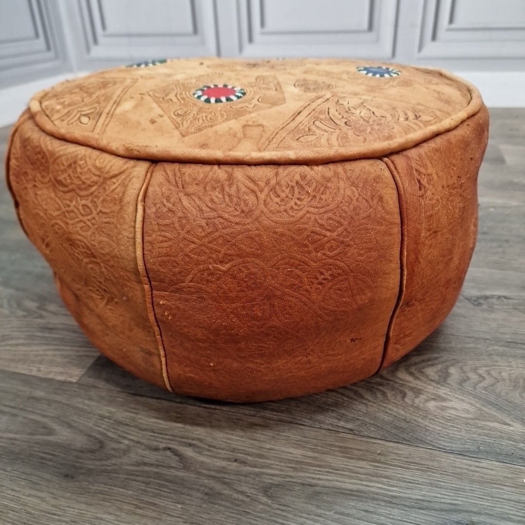 Vintage Leather Pouffe Footstool Moroccan Style Round Ottoman Camel Detailing photo buy