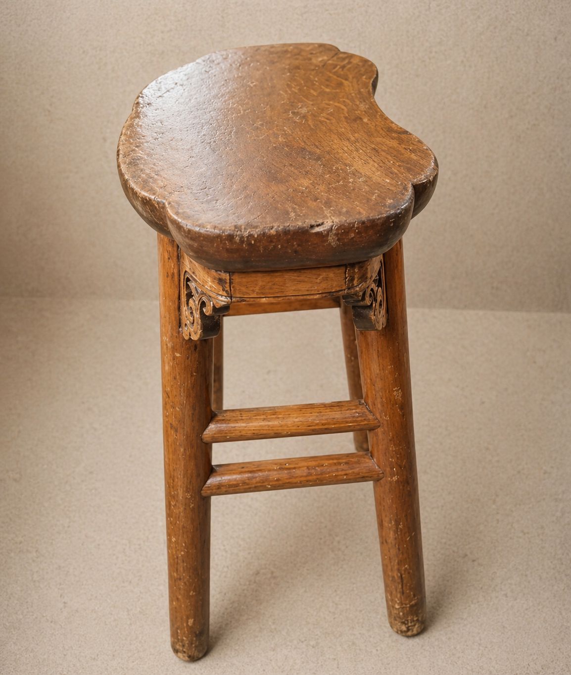 Antique Chinese Elm Stool With Carved Apron, C.1900