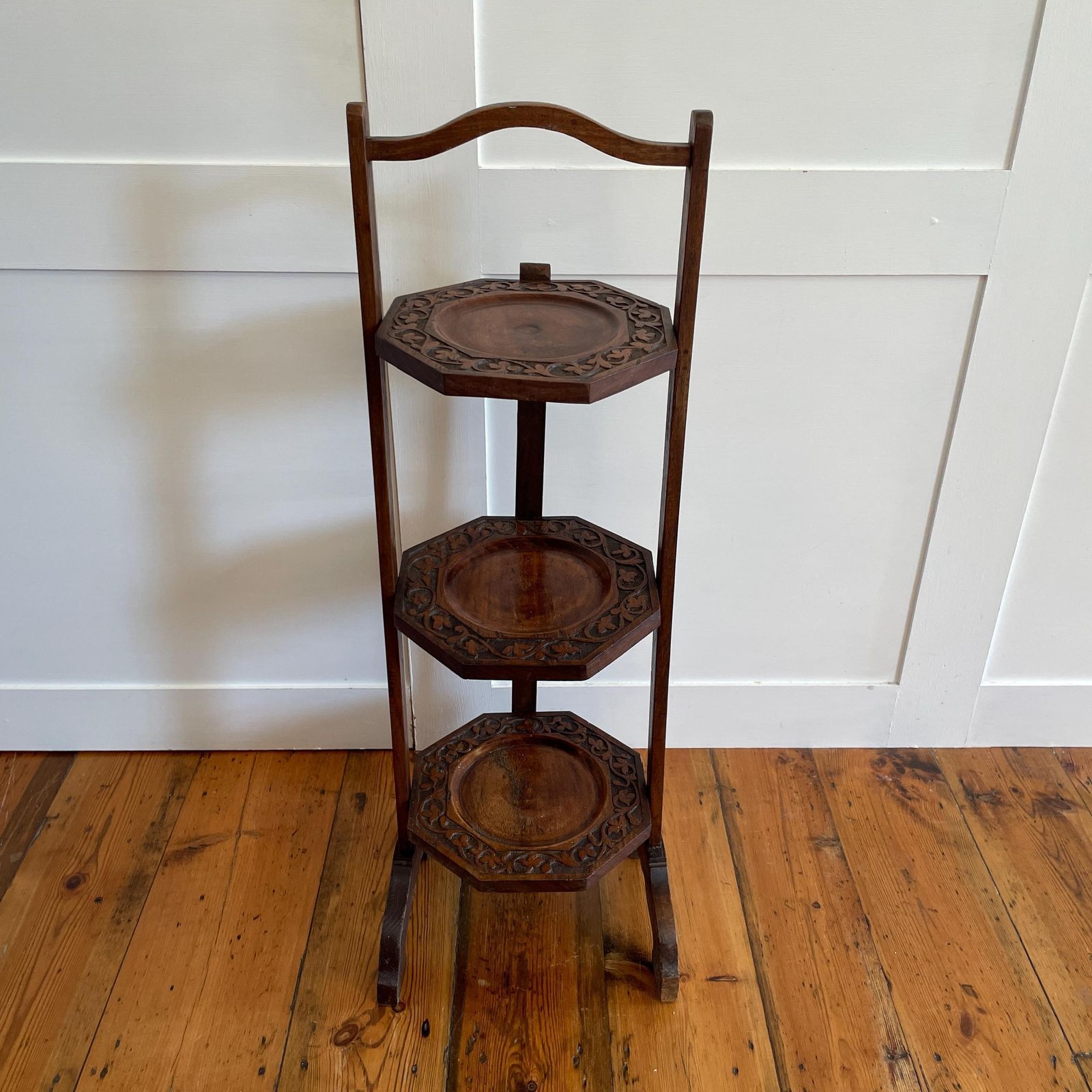 Edwardian Wooden Cake Stand 3 Tier Display Folding Kitchen Bakery Octagon Trays Hand Carved Early 1900's Tea Party Antique Muffin Stand photo for sale