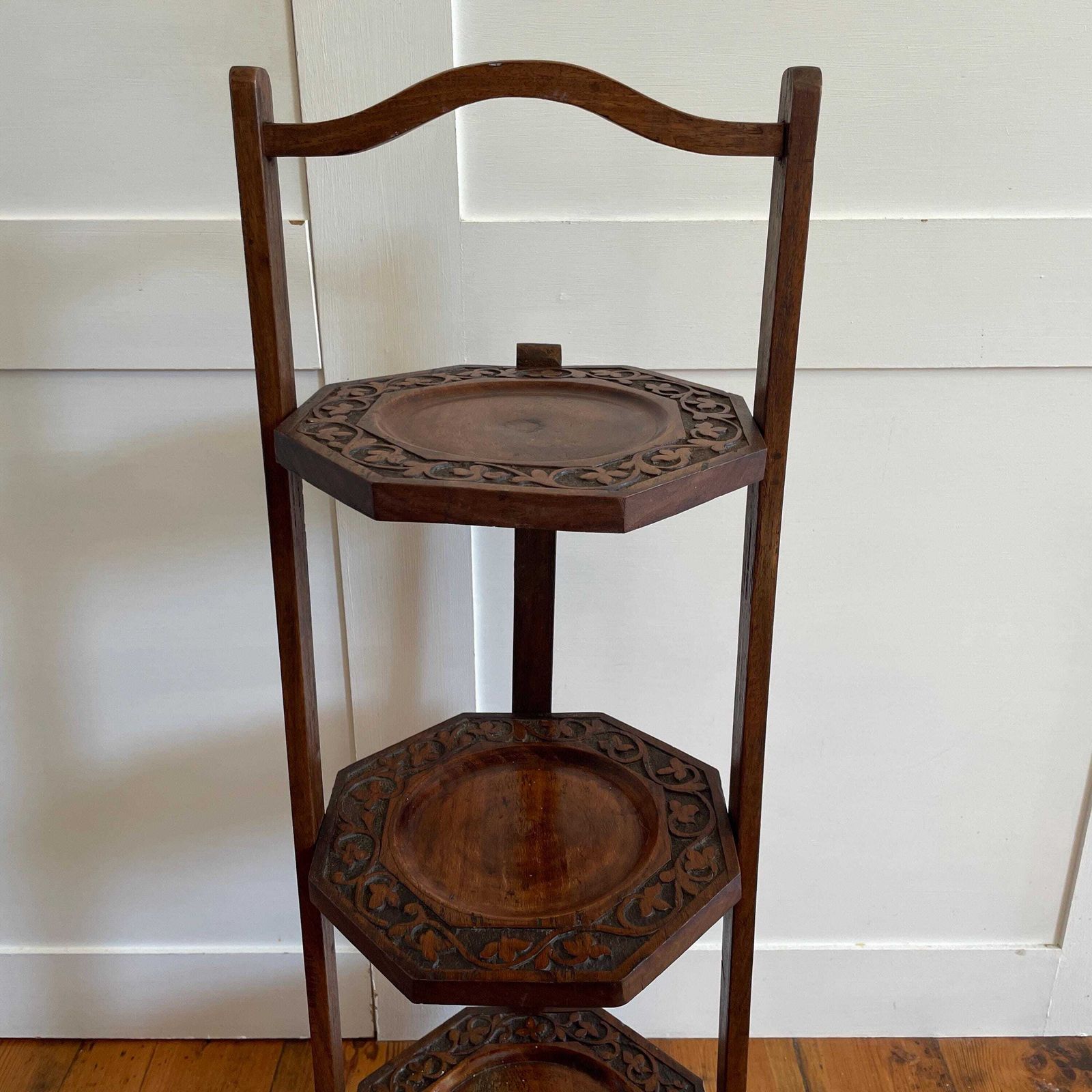 Edwardian Wooden Cake Stand 3 Tier Display Folding Kitchen Bakery Octagon Trays Hand Carved Early 1900's Tea Party Antique Muffin Stand photo 149.0