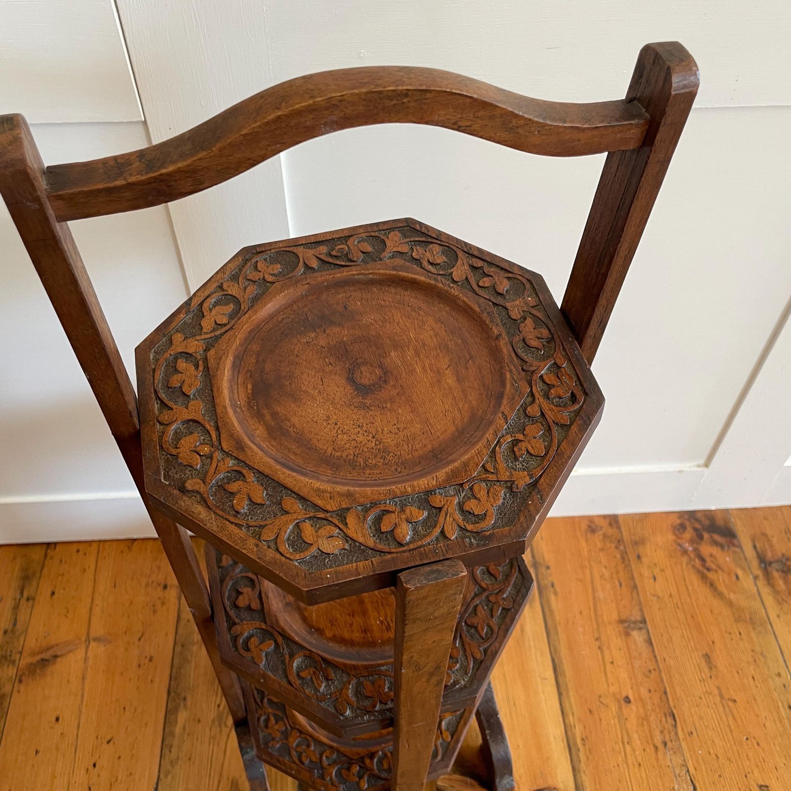 Edwardian Wooden Cake Stand 3 Tier Display Folding Kitchen Bakery Octagon Trays Hand Carved Early 1900's Tea Party Antique Muffin Stand photo vintage