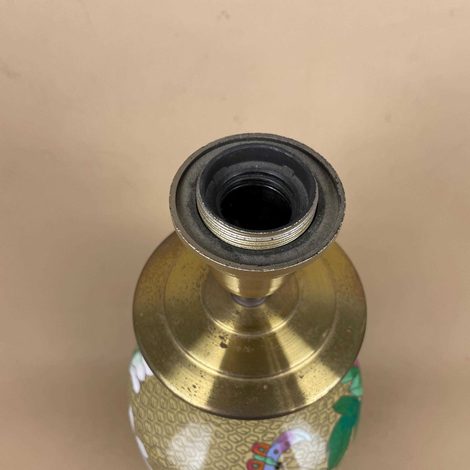 Oriental Cloisonne Lamp Gold Green Vase Hand Crafted Floral Light Table Brass Gold Chinoiserie Chinese Ornate Pattern Wood Base Flowers photo vintage