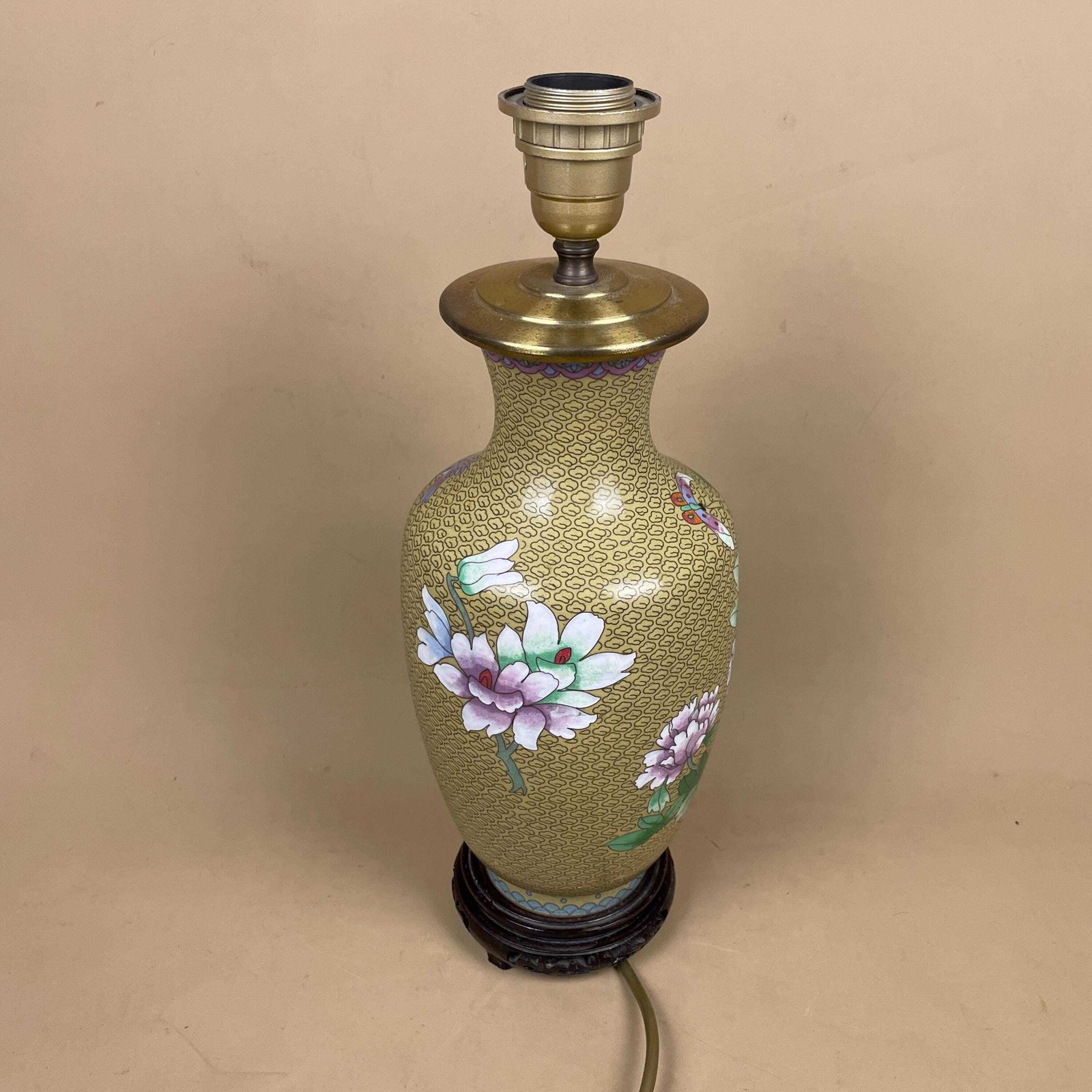 photo for sale Oriental Cloisonne Lamp Gold Green Vase Hand Crafted Floral Light Table Brass Gold Chinoiserie Chinese Ornate Pattern Wood Base Flowers