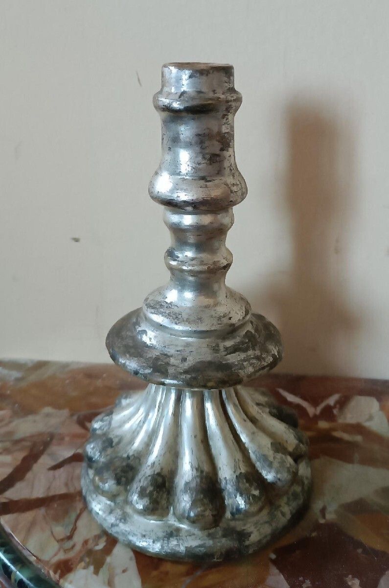 Rare Pair Of Antique Silvered Terracotta Candlesticks From The 17th Century photo for sale
