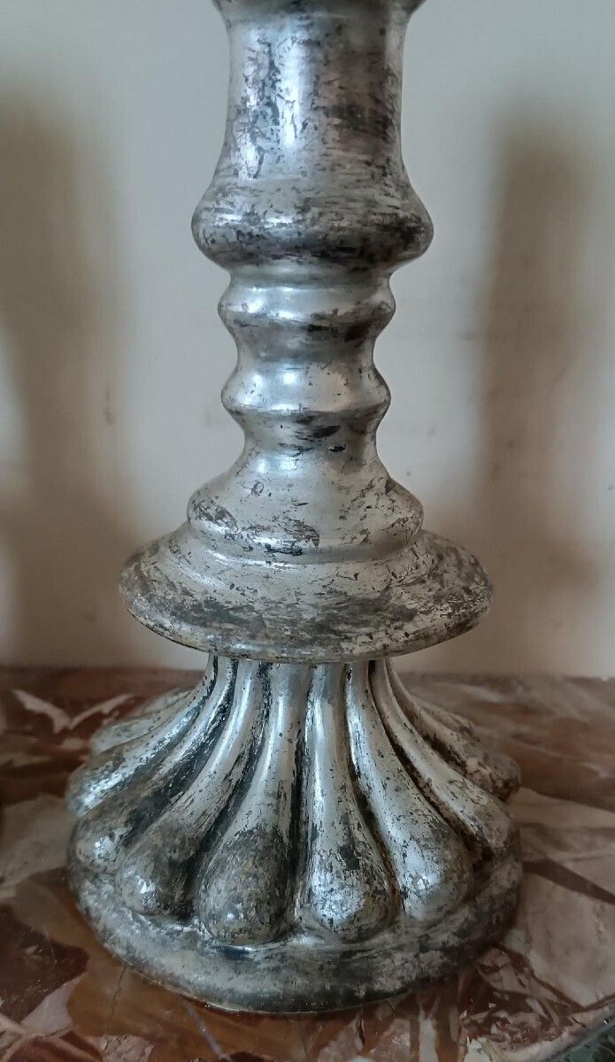 Rare Pair Of Antique Silvered Terracotta Candlesticks From The 17th Century photo Home Decor