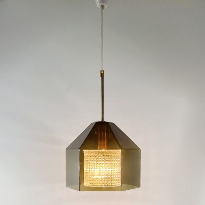 Mid Century Scandinavian Glass & Brass Ceiling Light By Carl Fagerlund For Orrefors, Sweden, 1960s photo Lighting