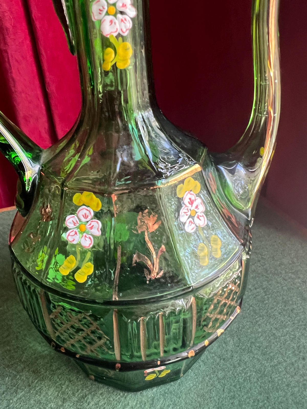 Antique Emerald Glass Pitcher Ewer. Hand Blown With Hand Painted Floral And Gold Details. photo furniture