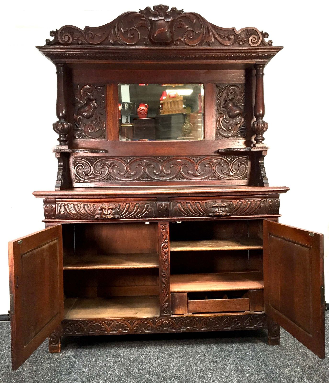 Antique 19th Century Carved Wooden Oak Green Man Dresser Sideboard With Mirror photo Furniture