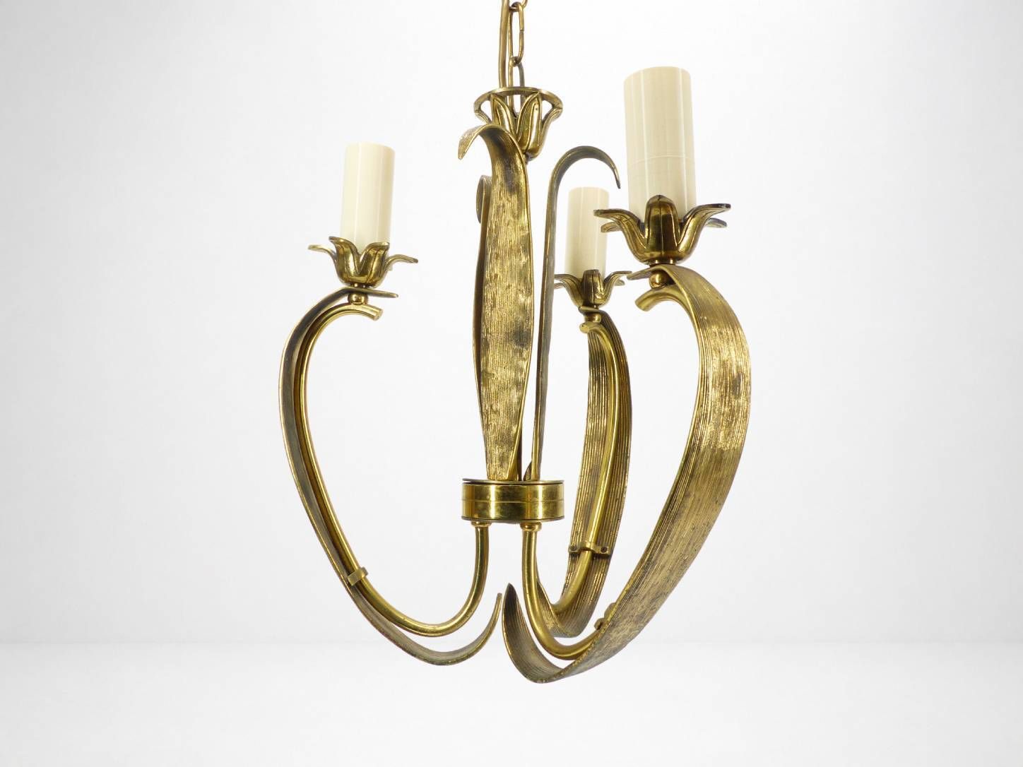 Three Arm Chandelier In Gilded Brass, With Foliage And Scroll Motifs, Art Deco Style, Circa 1950 photo furniture