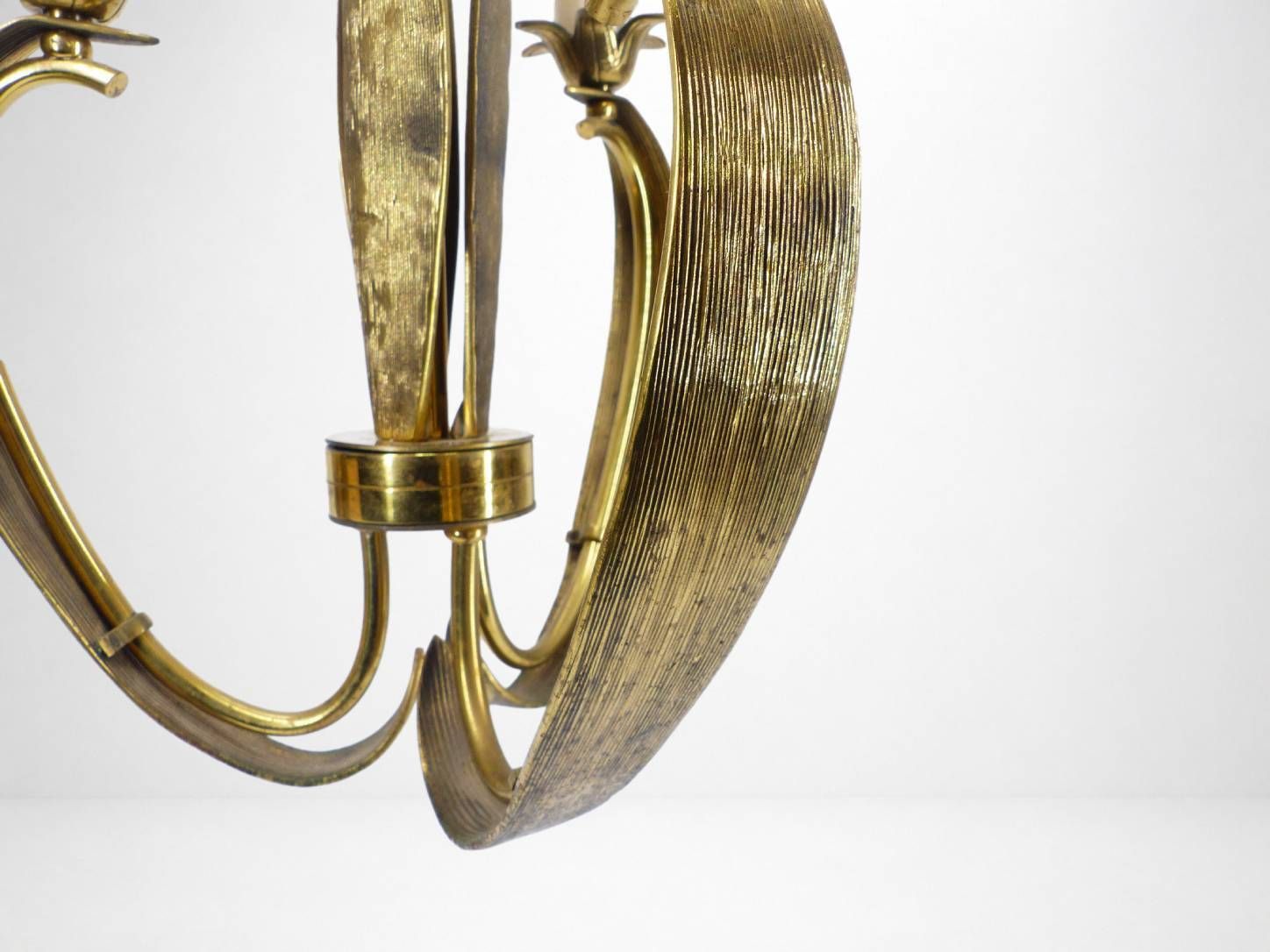 Three Arm Chandelier In Gilded Brass, With Foliage And Scroll Motifs, Art Deco Style, Circa 1950 photo Lighting