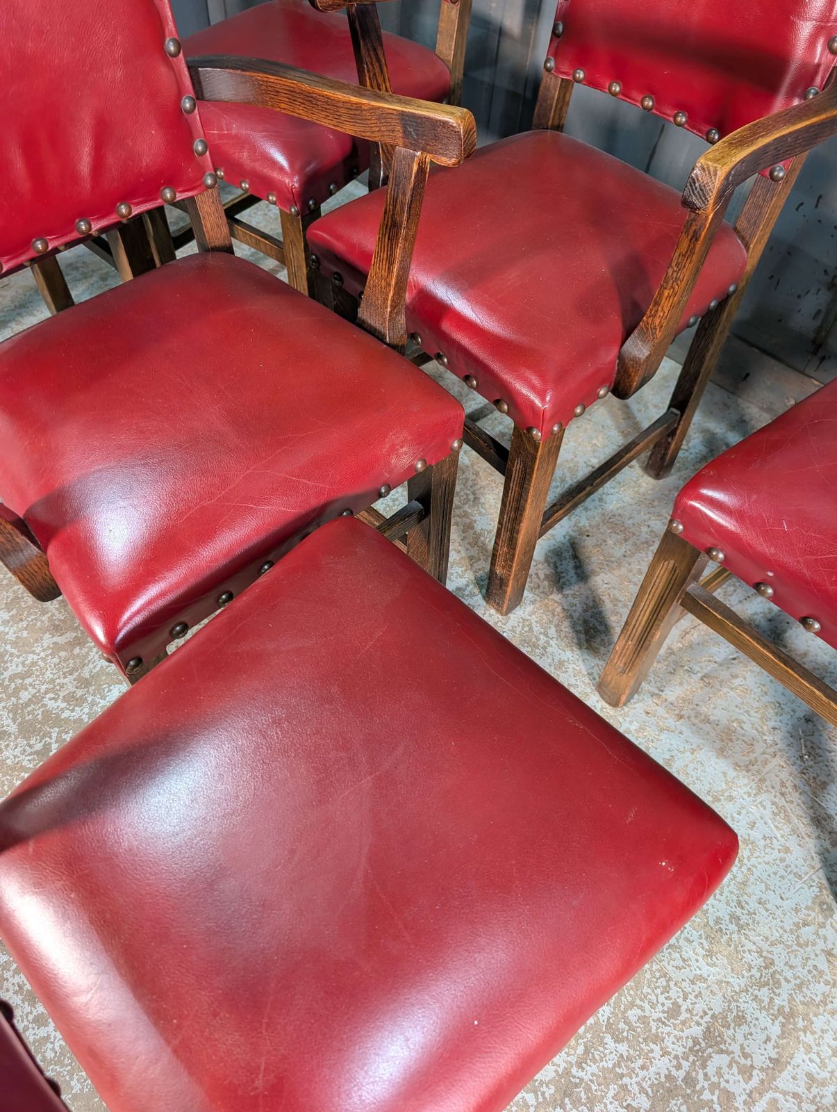 1550’s Style From The 1950’s Six Leather Upholstered Dining Chairs photo for sale