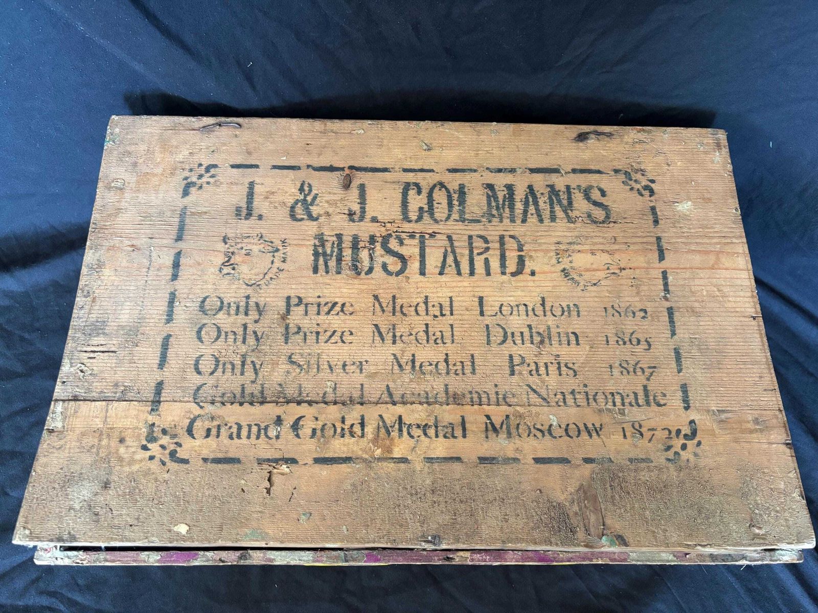 photo for sale Antique Colman's Mustard Wooden Box Shop Display With Tins And Jars