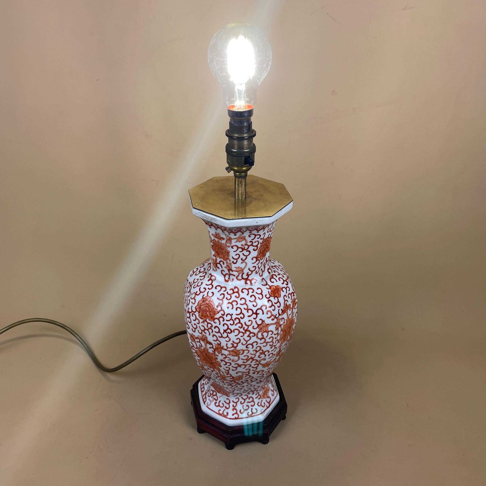 Lighting Oriental Ceramic Lamp Orange White Ginger Jar Hand Painted Floral Light Table Brass Gold Chinoiserie Chinese Ornate Pattern Wood Base photo