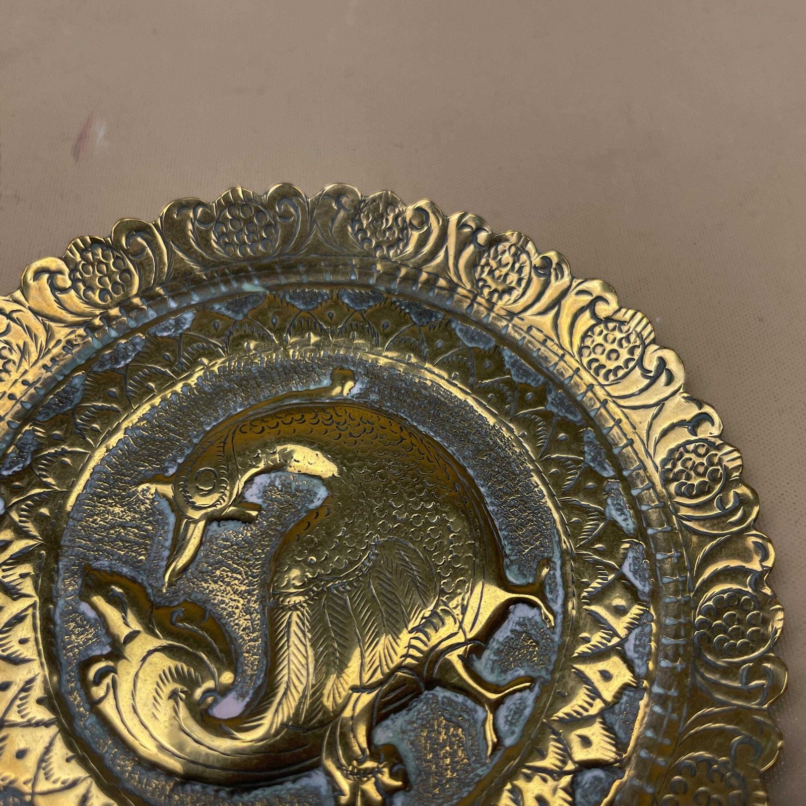 Indian Patterned Brass Tray Antique Metal Gold 10cm Plate Asian Handmade Etched Intricate Decorative Pattern Wall Art Round Vintage Circle photo vintage
