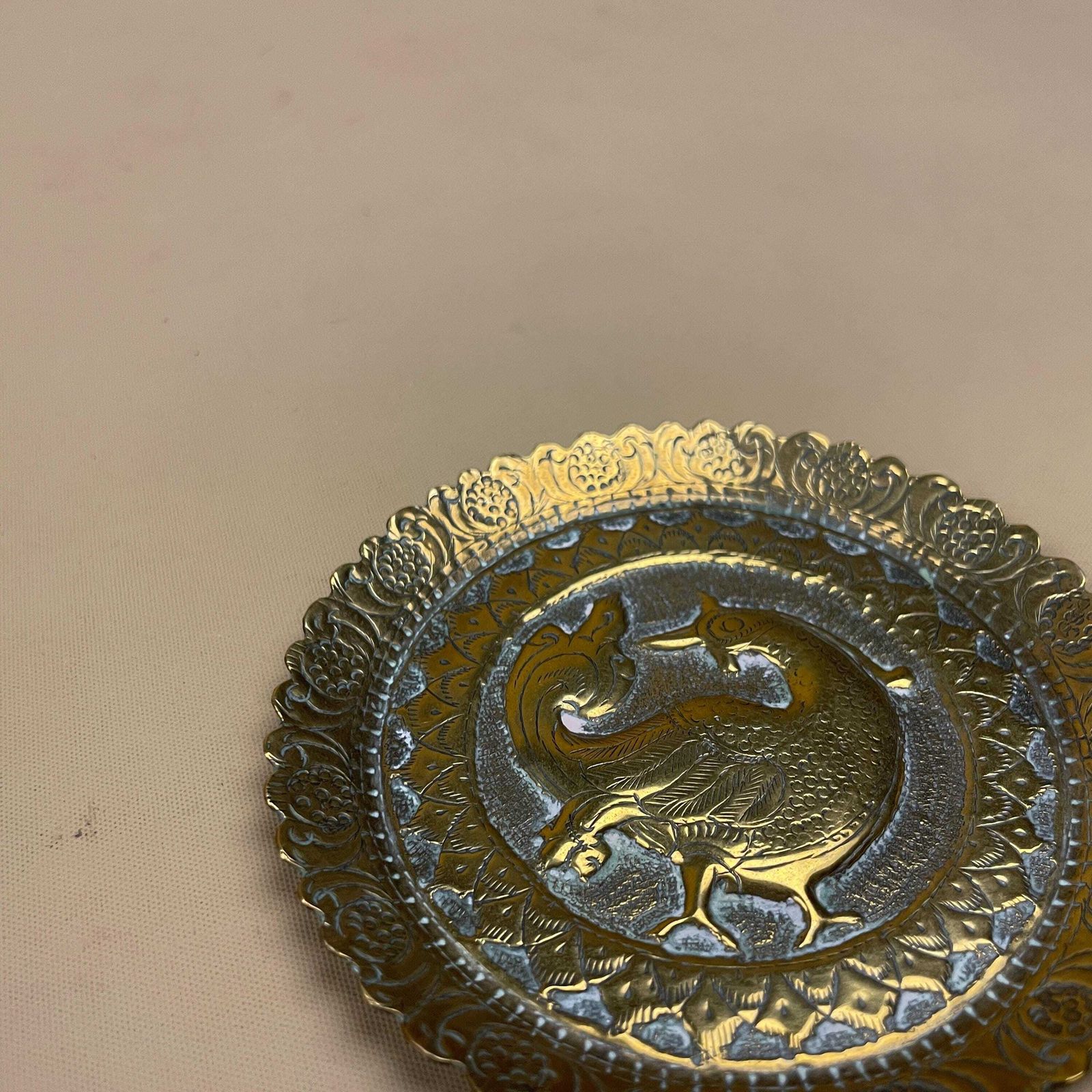 photo for sale Indian Patterned Brass Tray Antique Metal Gold 10cm Plate Asian Handmade Etched Intricate Decorative Pattern Wall Art Round Vintage Circle