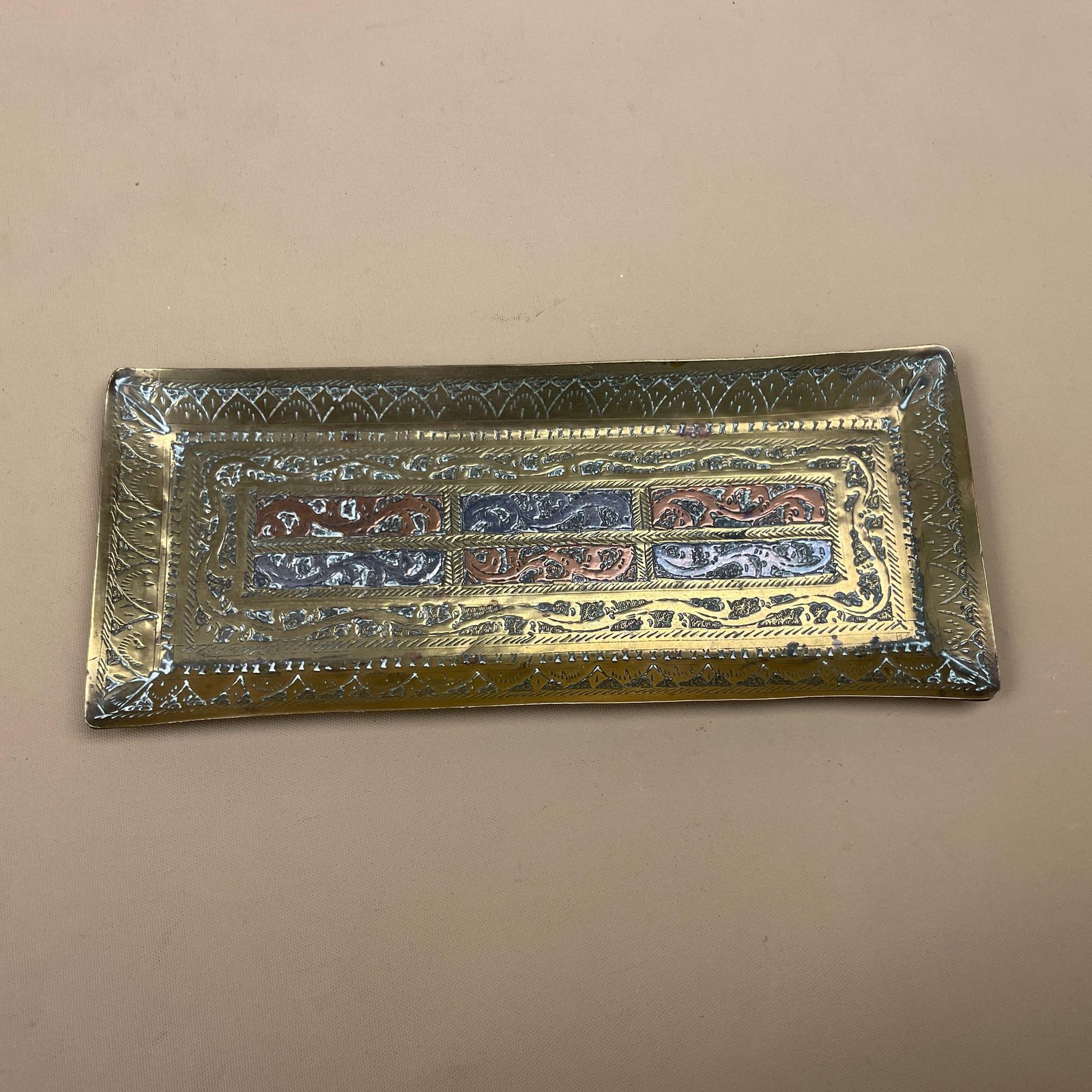 Antique Metal Gold Indian Patterned Brass Tray 17.5x7.1cm Asian Handmade Etched Intricate Decorative Patterned Small Rectangle Vintage